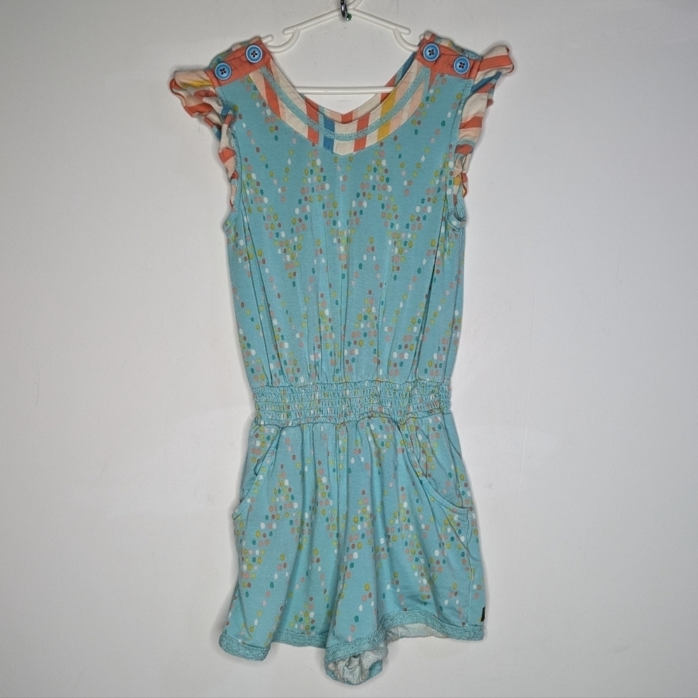 ✨3/$15 Matilda Jane Blue Peach Polka Dot Ruffle Sleeve Romper 6